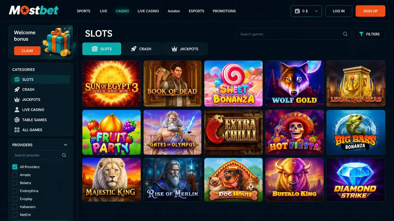 Mostbet Casino: slots, live tables and crash games